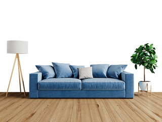 Free PNG wallpaper mockup Modern living room with blue sofa, wooden floor, and plants in Interior Living Room, 3D rendering