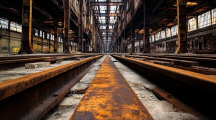 Fototapeta premium Rusted steel beams and industrial equipment lining the interior of an abandoned train factory