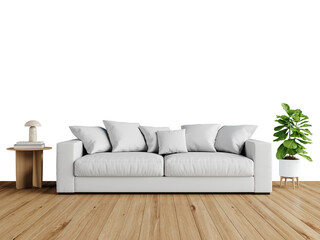 Free PNG wallpaper mockup Modern White Sofa in a Bright Living Room with Wooden Floor in Interior Living Room, 3D rendering