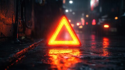 Rainy Night Emergency: Illuminated Hazard Warning on City Street