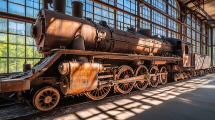 Naklejka premium Sunlight streaming through broken windows, casting shadows over rusted machinery in a train factory