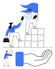 Leaders helping peers climb puzzle blocks, carrying blue flag. Innovator offering idea to open hand. Ideal for teamwork, leadership, goal setting, mentorship, collaboration, creativity support flat