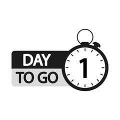 Countdown timer illustration. Number one focus. One day to go text. Black and white clock label.