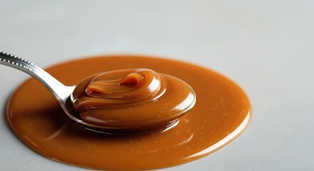 Spoonful of smooth caramel sauce on white surface