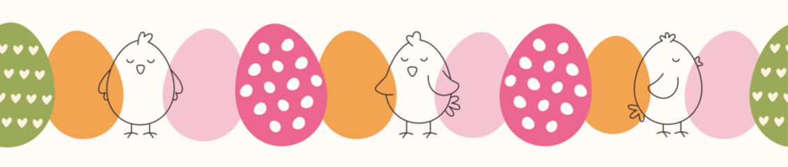 Happy Easter seamless pattern with cute chickens and decorated eggs. Design for Easter card, banner, textile and scrapbooking.