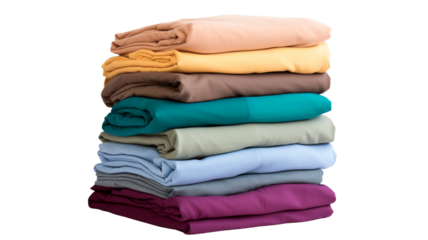 Colorful stack of folded shirts on transparent background png.
