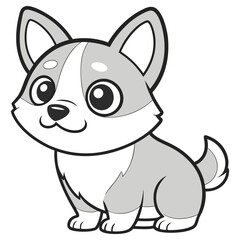 Cartoon Corgi Puppy Character. Gray and White Color. Sitting Pose. Outline Drawing