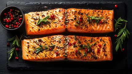 Gourmet Grilled Salmon Dish: Savor the exquisite presentation of succulent grilled salmon fillets, meticulously seasoned and arranged on a sleek dark surface. © ภูริพัฒน์ ภิรมย์กิจ