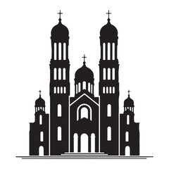 Magnificent Black and White Orthodox Church Vector Illustration with Domes