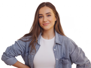 Confident young woman smiling in a business studio, showcasing beauty, success, and fashion with a confident expression, png