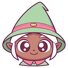 Cartoon DarkSkinned Elf Portrait with Pointed Ears, Green Hat and Gentle Smile
