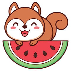 Joyful Cartoon Squirrel Character with Happy Expression Hugging a Watermelon Slice