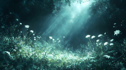 A mystic meadow shines with ethereal light illuminating white flowers and foliage in a magical dreamlike landscape