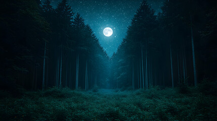 A mystical forest path glows under a radiant full moon amidst starry skies enchanting the dense trees and lush ground c