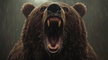 A close up image depicts a grizzly bear in the rain
