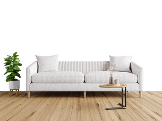 Free PNG wallpaper mockup Elegant white sofa in a modern living room with wooden floor and a plant in Interior Living Room, 3D rendering