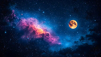A night sky filled with stars a vibrant nebula and a glowing textured moon The colors are deep blues purples orang