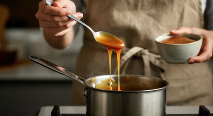 Person ladling thick sauce from pot, wearing apron, cooking activity