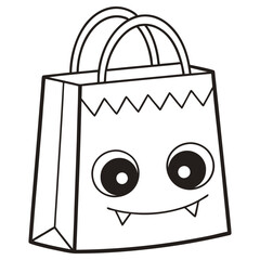 Cartoon Paper Bag with Monster Face, Big Eyes and Fangs, Black and White Line Art
