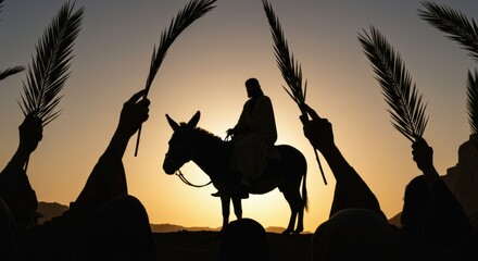 Palm Sunday: Jesus Christ on a donkey, people greet him with palm branches. For Christian church publications, printed publications, Bible magazines
