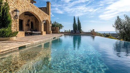 Obraz premium crystal-clear infinity pool, lush greenery, and vibrant turquoise ocean under a sunny sky.