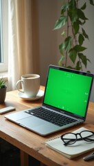 Fototapeta premium A sleek laptop with a vibrant green screen sits on a wooden desk, accompanied by a steaming cup of coffee and a small potted plant. This inviting workspace exudes a calm and productive atmosphere