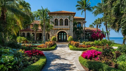 Obraz premium Mediterranean-inspired villa, elegant stone facade with terracotta accents, sprawling garden with vibrant blooms, private path leading to a serene beach 