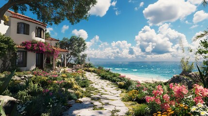 Obraz premium Mediterranean-style retreat, stunning villa surrounded by blooming gardens, private path winding to pristine beach, ocean sparkling under sunny skies