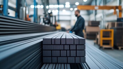 Steel Bars in Industrial Warehouse with Worker Overseeing Production Process and Machinery Operation
