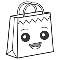 Cartoon Paper Bag with a Zigzag Top Edge, Large Eyes, and a Big Gray Grinning Mouth