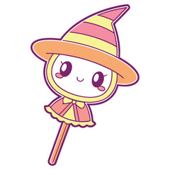Cute Witchy Character with Striped Hat, Large Eyes, and Rosy Cheeks Isolated on White