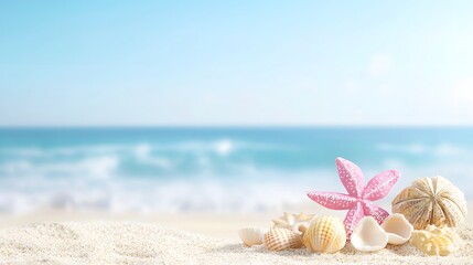 Fototapeta premium Relaxing beach scene with seashells and starfish coastal landscape photography tranquil environment close-up view