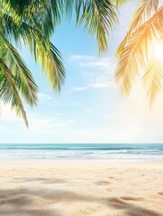 Naklejka premium Relaxing beach scene with palm trees tropical shore photography bright day coastal serenity