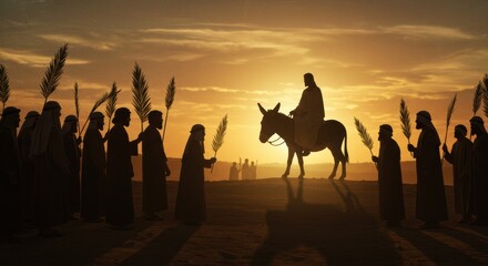 Fototapeta premium Palm Sunday: Jesus Christ on a donkey, people greet him with palm branches. For Christian church publications, printed publications, Bible magazines