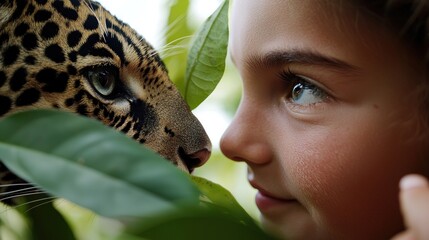 A girl gazes intently at a big cat through green leaves