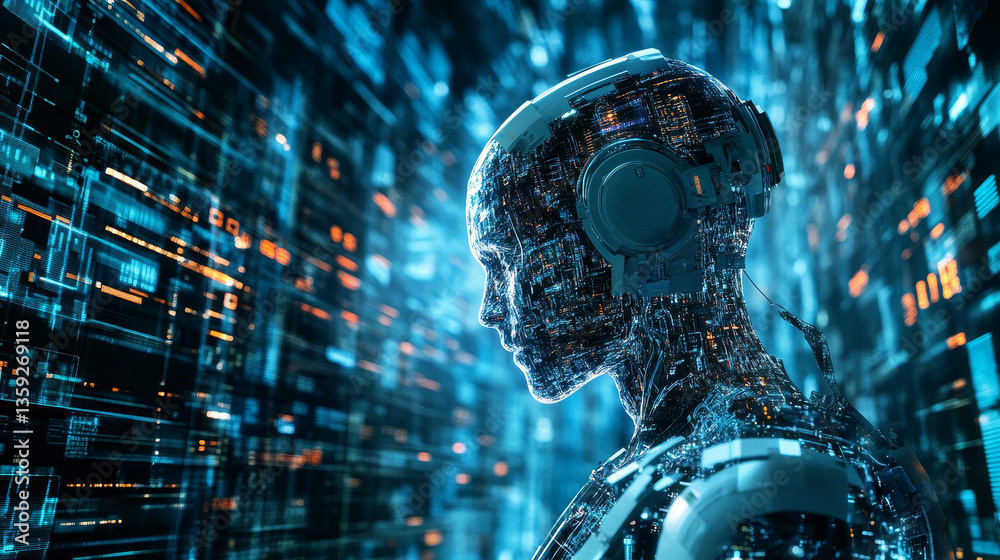 Poster big data concept. digital neural network. introduction of artificial intelligence. cyberspace of fut