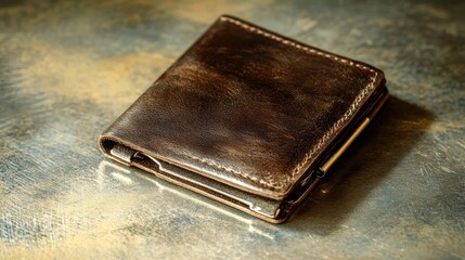 A minimalist money clip wallet in dark brown leather, positioned against a metallic silver background.