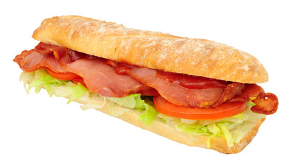 Bacon, lettuce and tomato baguette sandwich roll with red tomato ketchup sauce isolated on a white background