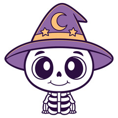 Smiling Cartoon Skeleton Wearing Purple Witch Hat with Moon and Stars Design
