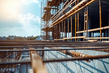 Close up of Reinforced Concrete Walls and Ceiling With Steel Rebars at a Construction Site