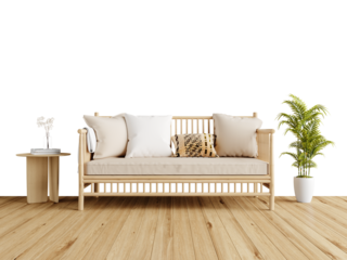 Free PNG wallpaper mockup Stylish and comfortable living room with wooden sofa and plants in Interior Living Room, 3D rendering
