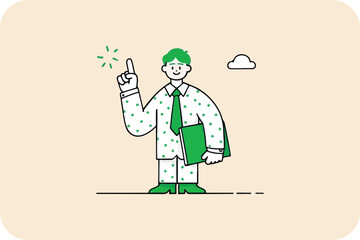 Man with raised finger, holding green folder, in dotted suit, against a light background with cloud outline.