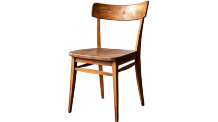 Old wooden chair with worn seat and back isolated on a plain backdrop