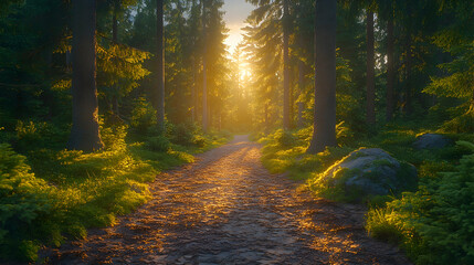 Fototapeta premium A path through a sunlit forest with tall trees casting shadows inviting exploration into the heart of natures beauty