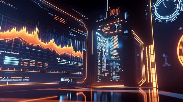 Futuristic Data Visualization Interface with Financial Analytics and Trading Technology Display