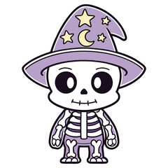 Cute Cartoon Skeleton Character Wearing Starry Witch Hat, Halloween Themed Style