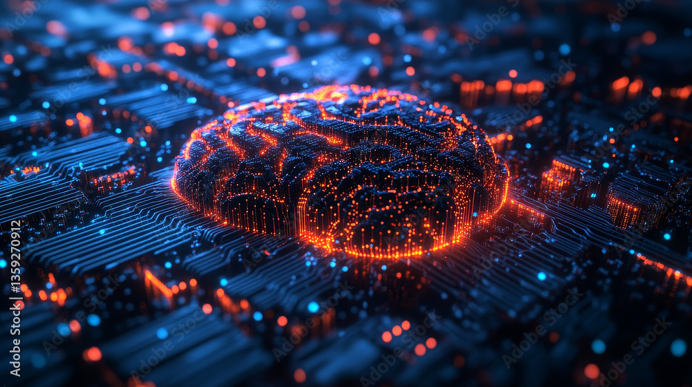 Poster artificial intelligence. digital neural network based on the human brain. computer mind of the futur