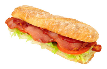 Bacon, lettuce and tomato baguette sandwich roll with red tomato ketchup sauce isolated on a white background