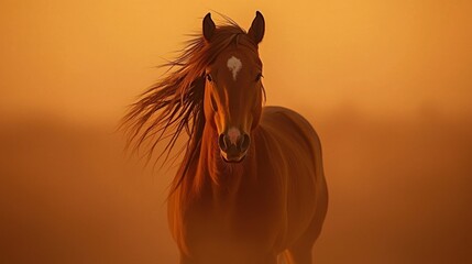 A beautiful brown horse stands confidently facing the camera forward