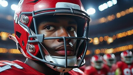 Focused football player in red helmet displays determination and teamwork, ready for game with supportive teammates around. - Powered by Adobe
